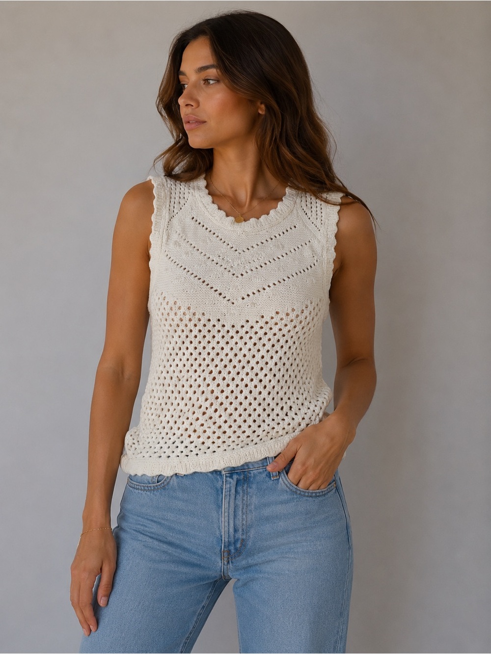 Levi’s 100% Cotton Cream‎ Open Knit Crochet Sweater Tank Size XS